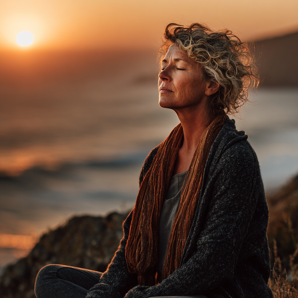 Middle-aged woman in her 50s practicing yoga meditation pose in serene natural environment, sitting peacefully with eyes closed