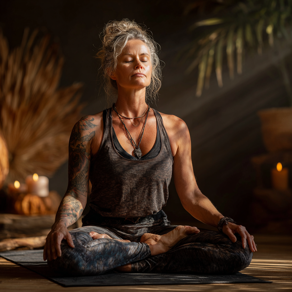 Peaceful yoga practitioner in their 40s meditating in lotus position surrounded by natural elements and soft lighting