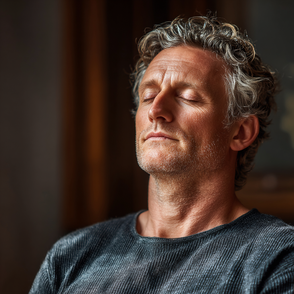 Serene middle-aged man in his 40s practicing deep breathing meditation in peaceful indoor setting with natural light